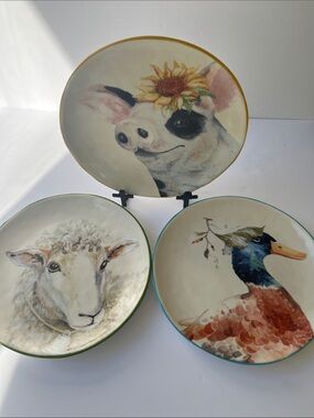 Pier 1 Imports 3 "Farm Animals" salad appetizer plate hand-painted stoneware.